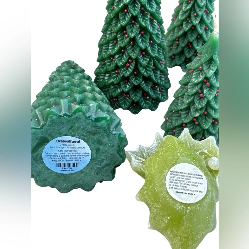 Crate&Barrel Green Christmas Tree Candles and Holly Berry Leaf Candles